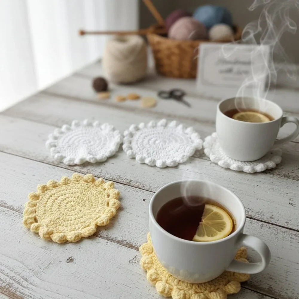Handmade Crochet Popcorn Coaster Set with Red & White Striped Basket New - Picture 2 of 8